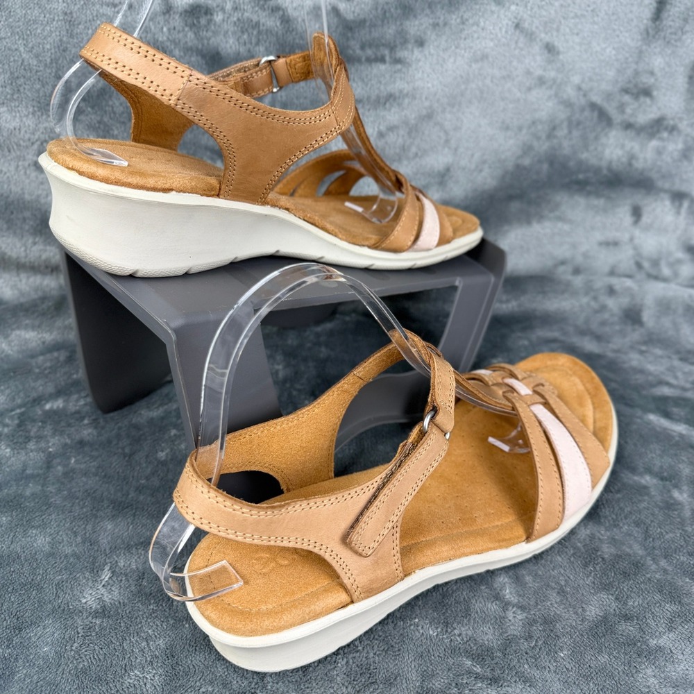 ECCO Tan Leather T-Strap Ankle Strap Wedge‎ Sandals Women's Size EU 41 US 10 - Picture 10 of 11